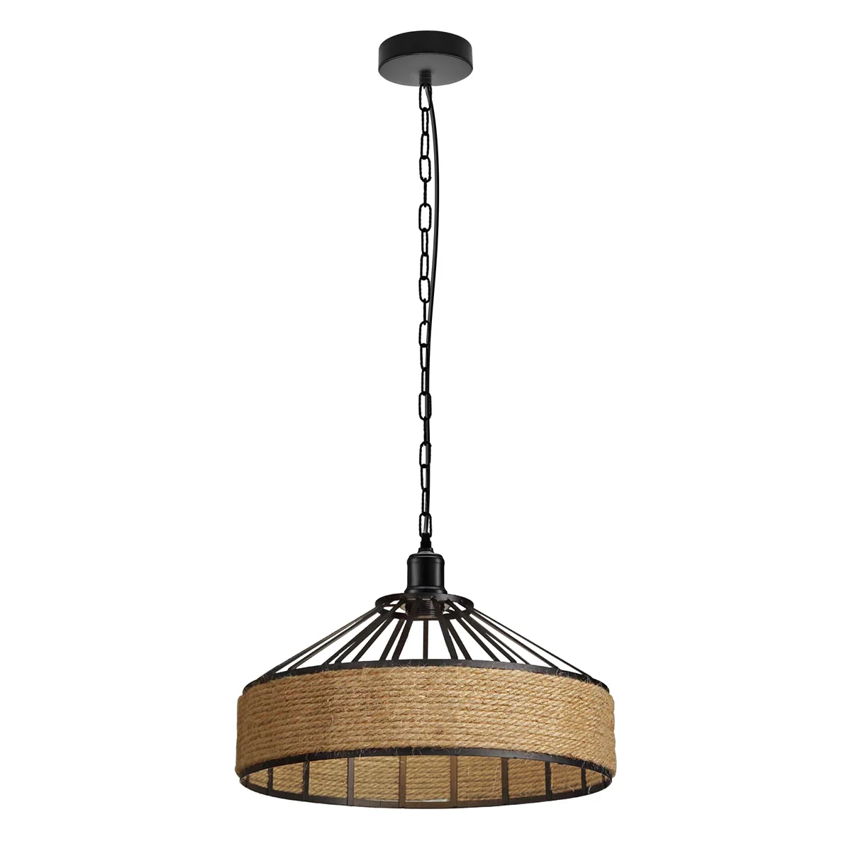 Vintage hemp rope pendant light with metal cage light fixture hanging against a white background