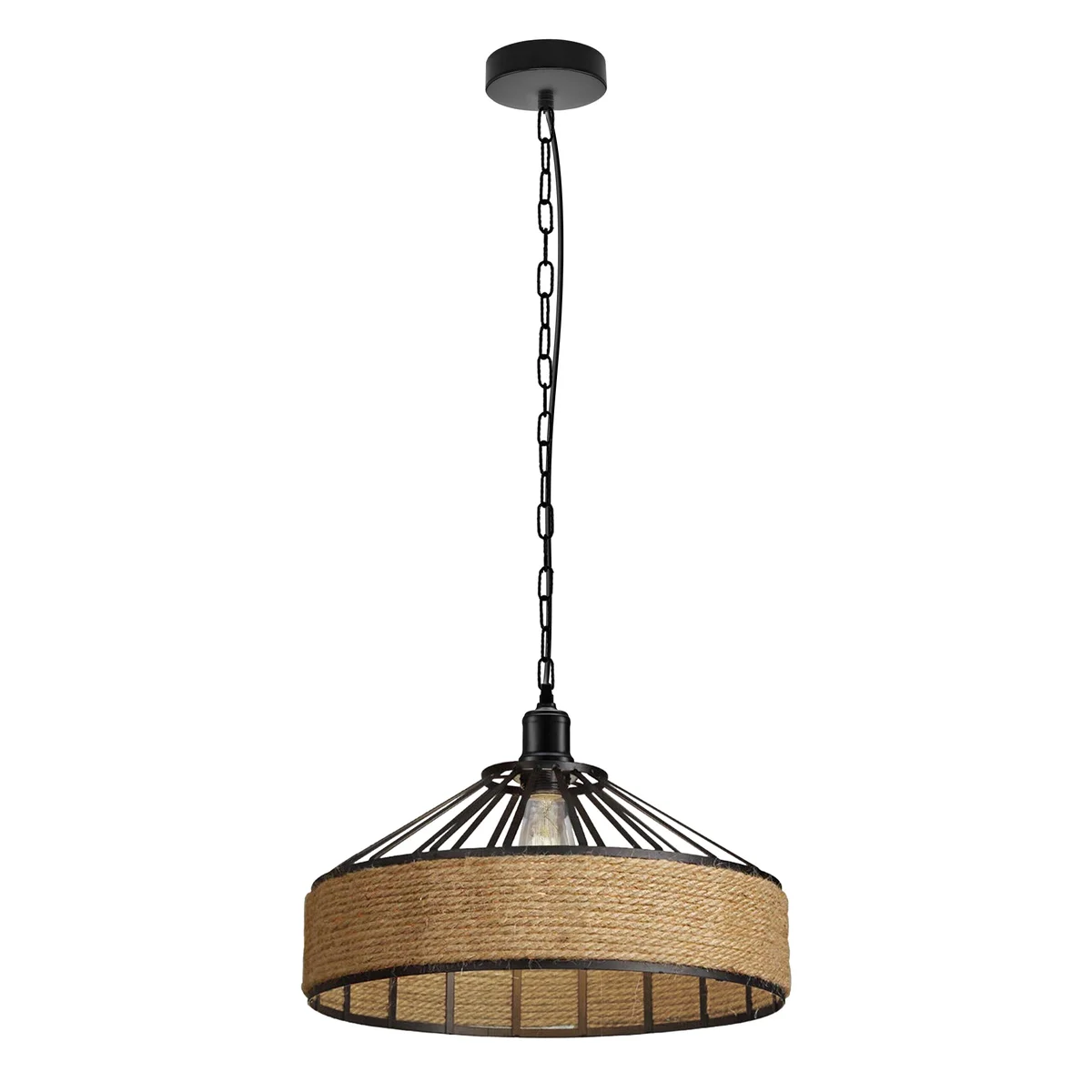Large vintage hemp rope pendant light with metal cage, compatible with E27 bulb pendant, hanging in living room setting
