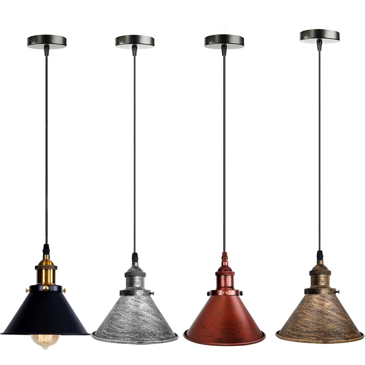 Black industrial light pendant with matte black iron shade and brushed brass lamp holder hanging from ceiling cable