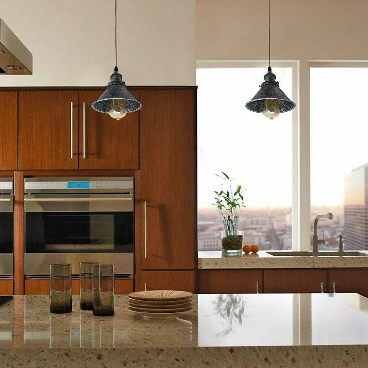 Industrial ceiling light with matte black iron frame, brushed brass lamp holder, and E27 bulb pendant hanging in living room setting
