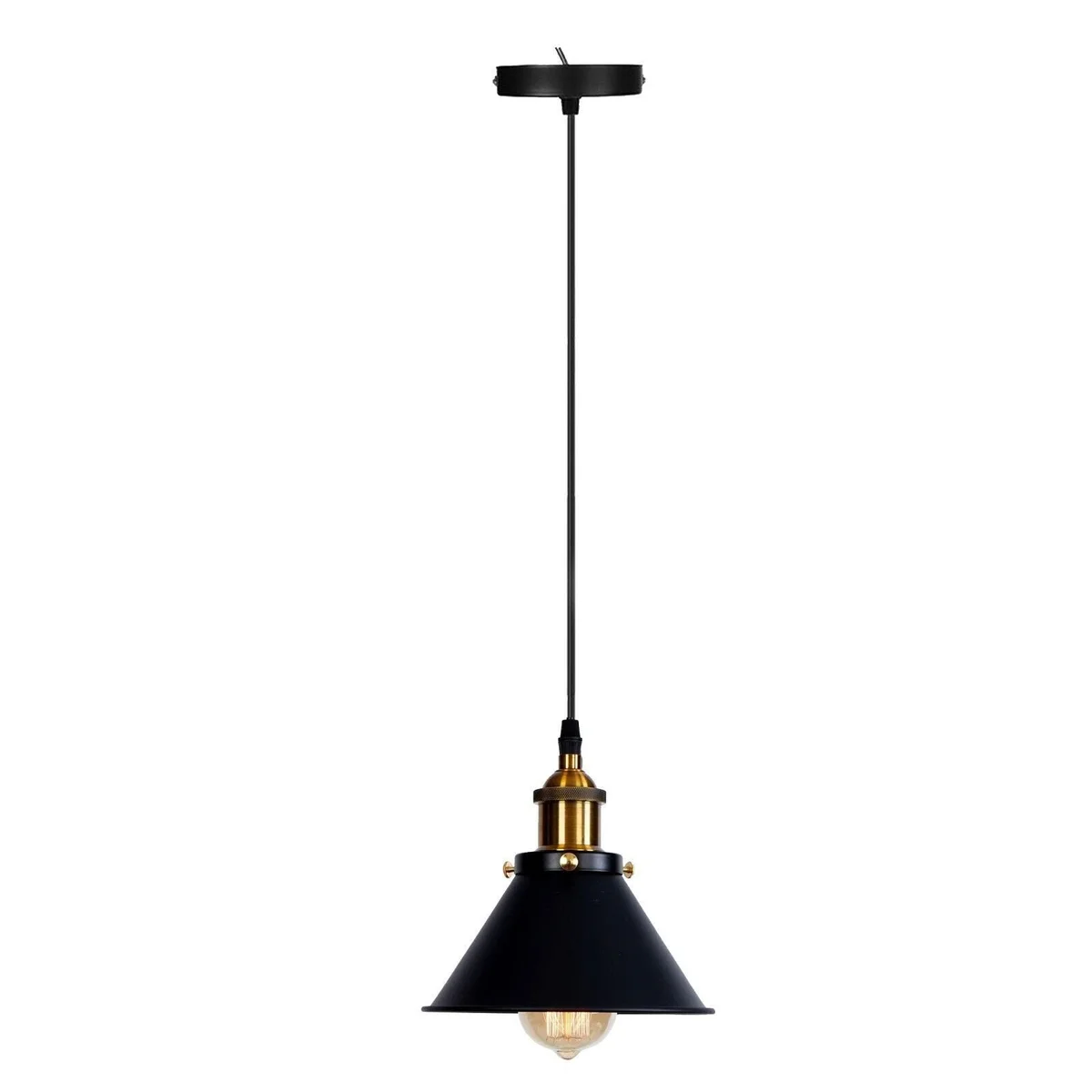 Matte black industrial ceiling light with brushed brass lamp holder hanging from a 95 cm cable in a modern living room