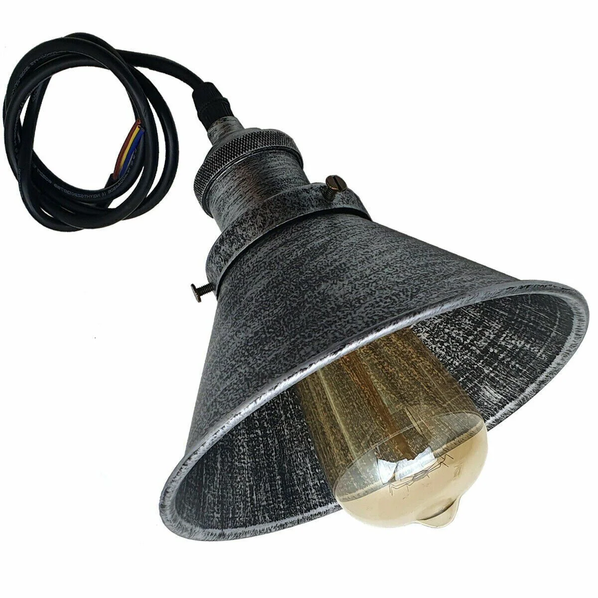 Industrial ceiling light with matte black iron shade and brushed brass lamp holder hanging in modern living room setting