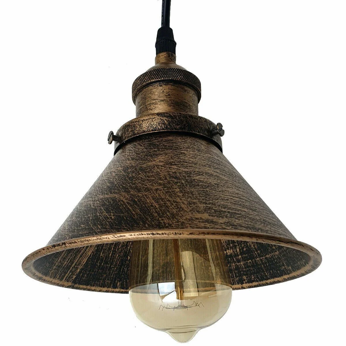 Matte black industrial ceiling light with brushed brass lamp holder hanging in modern living room setting