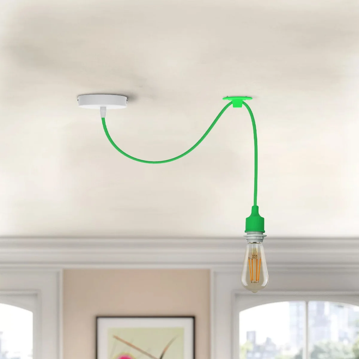 Single ceiling pendant with industrial metal design, adjustable cable, and E27 bulb holder hanging from ceiling