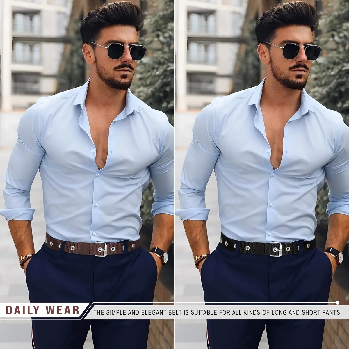 Two men's adjustable buckle belts with nylon straps and lightweight hollow pin buckles, suitable for casual and formal wear