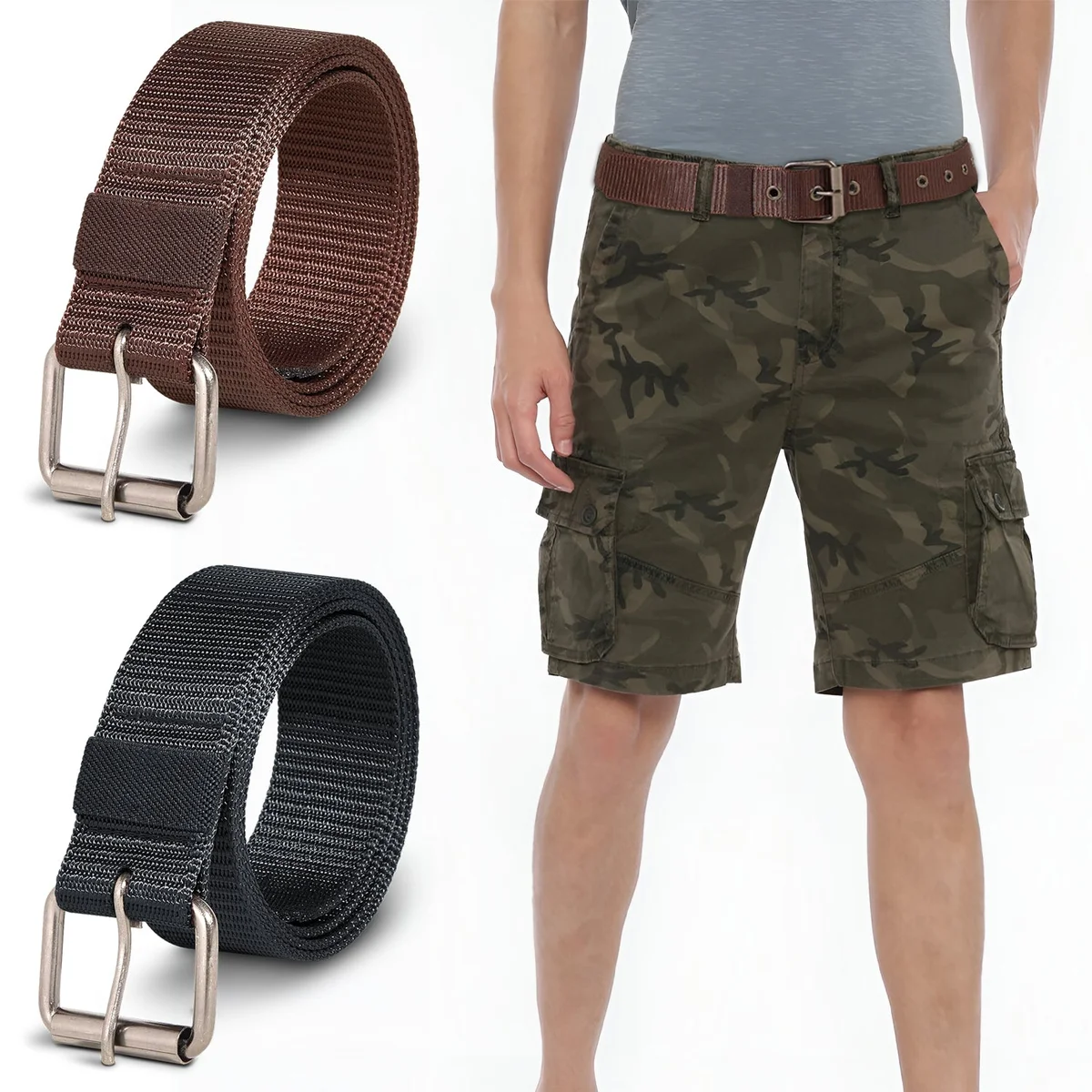 Two adjustable nylon pin buckle belts in black and brown with lightweight hollow metal pin buckles displayed flat.