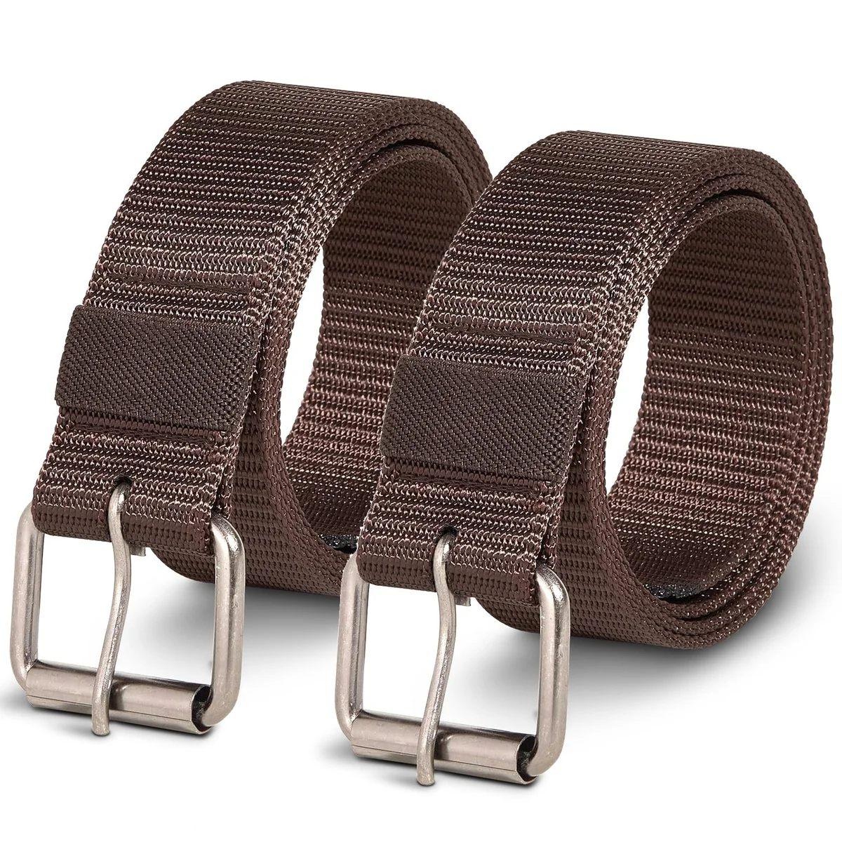 Two nylon lightweight men's belts with adjustable hollow pin buckles, shown coiled on a white background