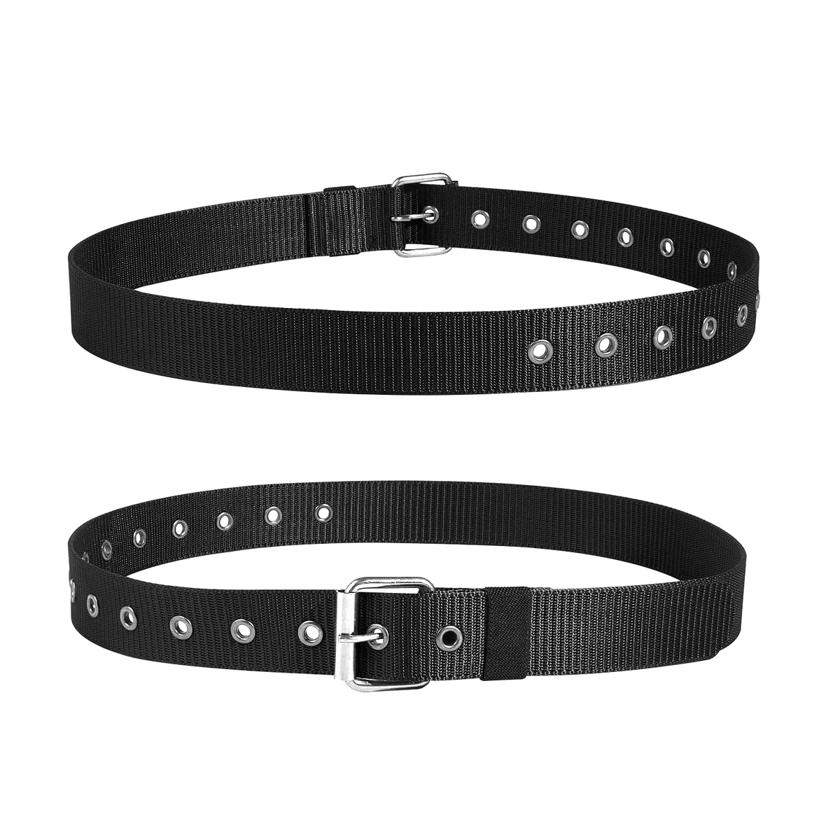 Two adjustable black and khaki belts with nylon straps and hollow pin buckles laid flat on white background