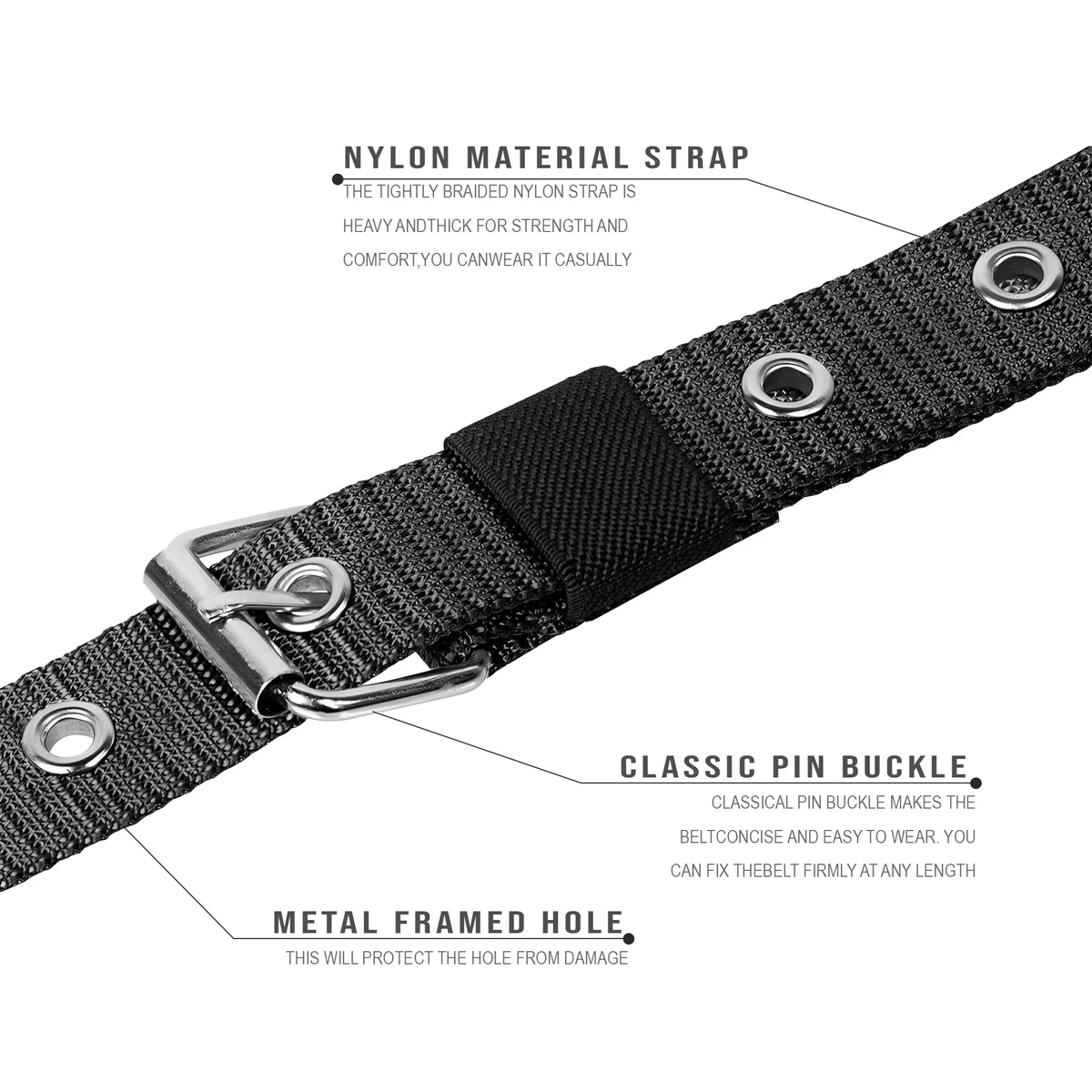 Two men's adjustable nylon pin buckle belts in black and brown, ideal casual formal belts for versatile wear