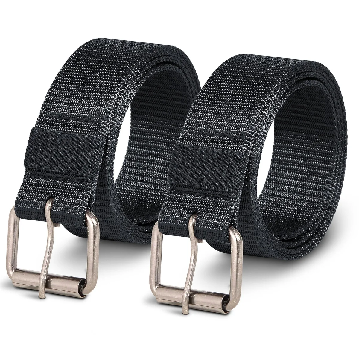 Two black nylon adjustable waist belts with hollow pin buckles laid flat on a white background