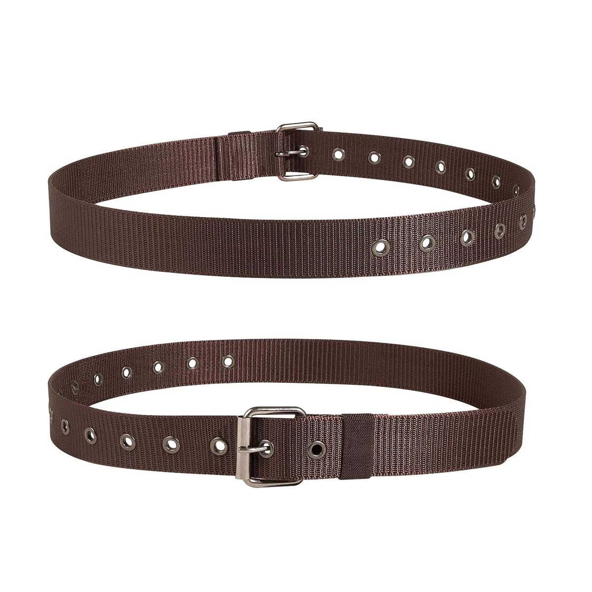 Two men's adjustable buckle belts with nylon straps and hollow pin buckles displayed side by side on white background