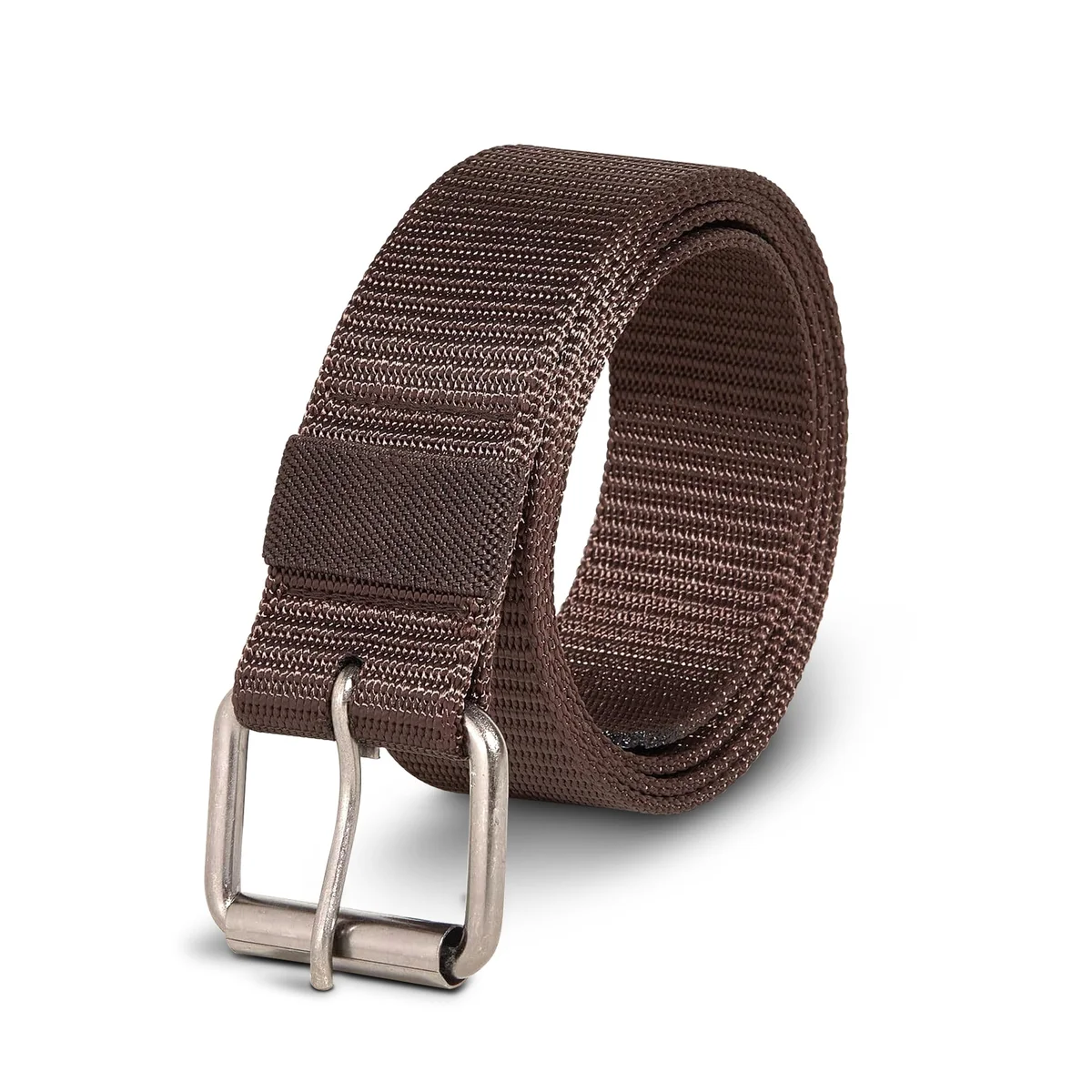 Two men's adjustable buckle belts with nylon straps and hollow pin buckles displayed on a white background
