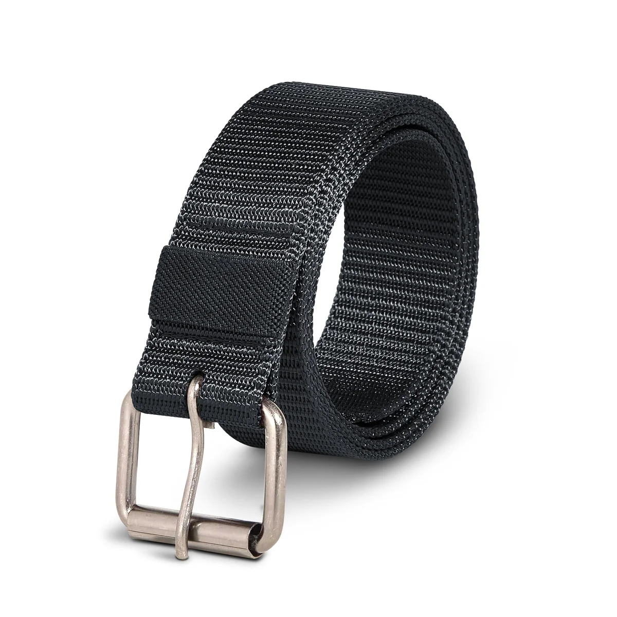 Two men's adjustable buckle belts in black and brown nylon with hollow pin buckles displayed flat on white background