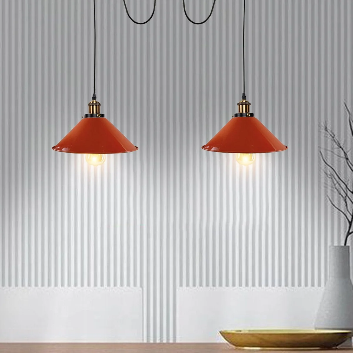 Industrial pendant lamp with two black metal retro-style shades hanging from a ceiling mount with 2m wire length
