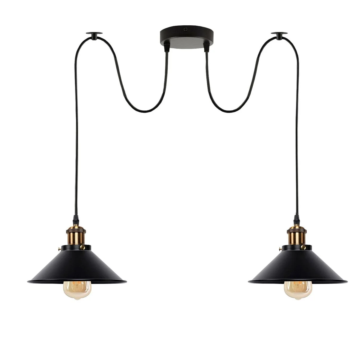 Industrial retro 2-light metal pendant lamp in black with E27 bulb bases hanging from ceiling on 2m wire