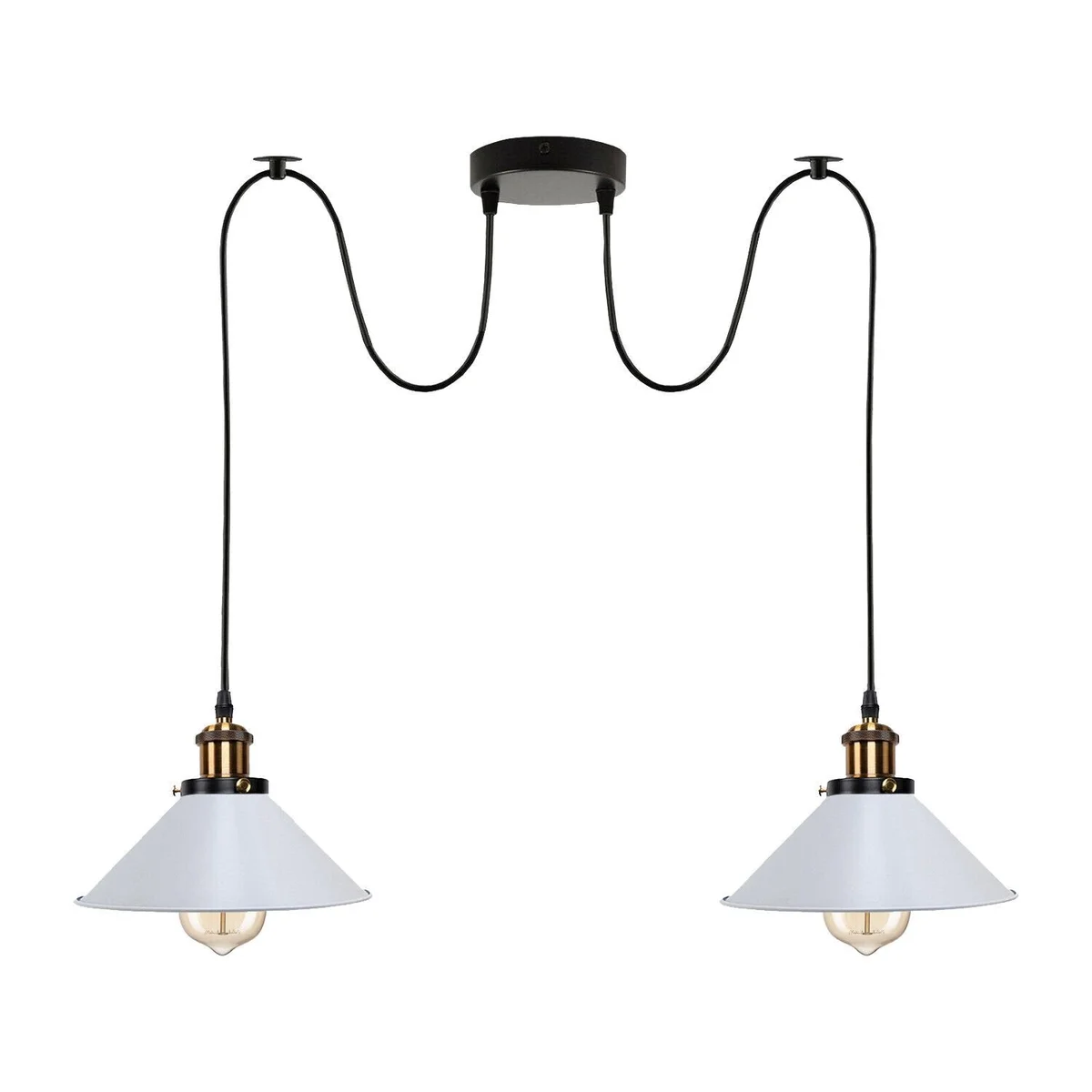 Industrial retro 2-light pendant lamp in black metal with E27 sockets, shown as indoor hanging light with 2m wire length
