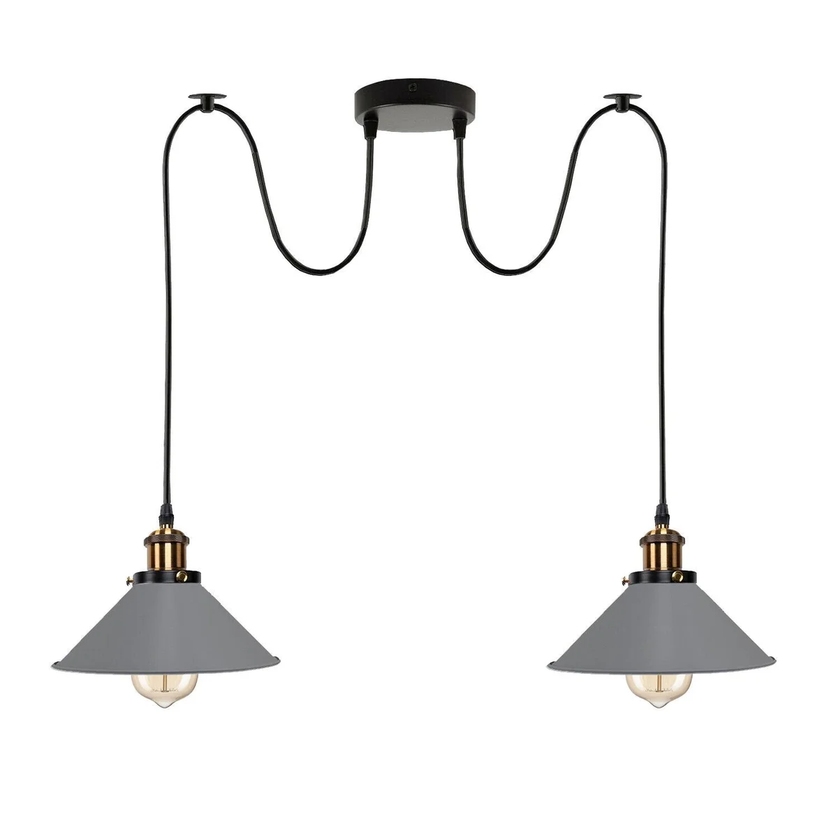 Industrial pendant lamp with two black metal shades hanging from black cords, showcasing retro industrial design style