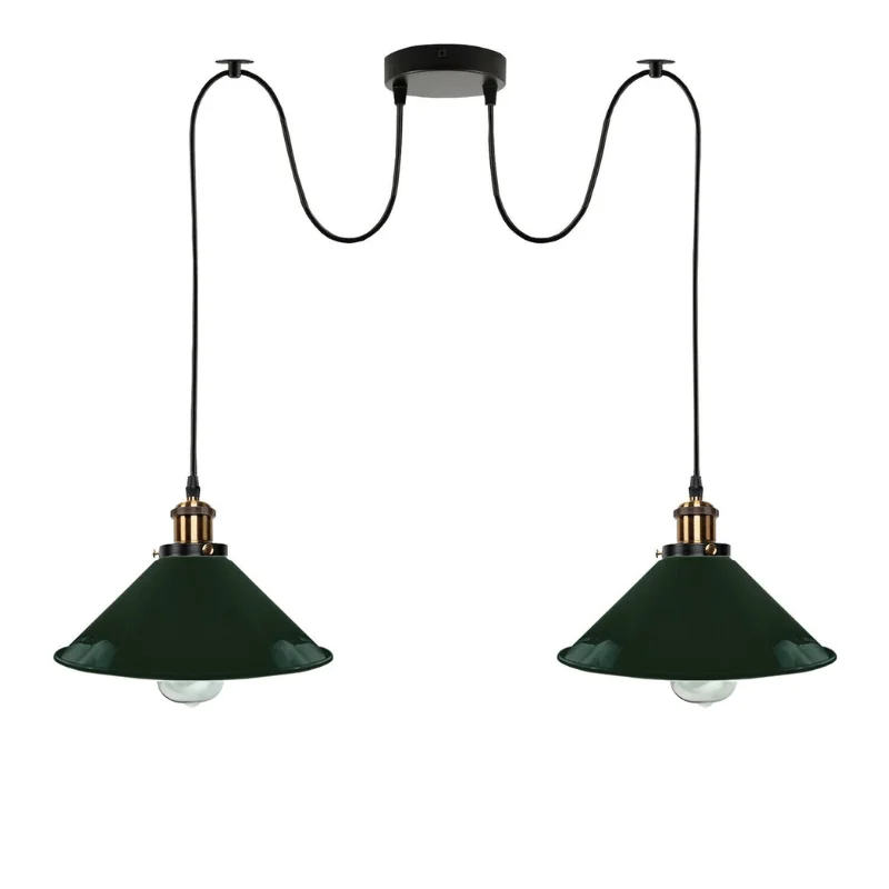 Industrial pendant lamp with two black metal shades hanging from a 2m wire, retro style, suitable for indoor use