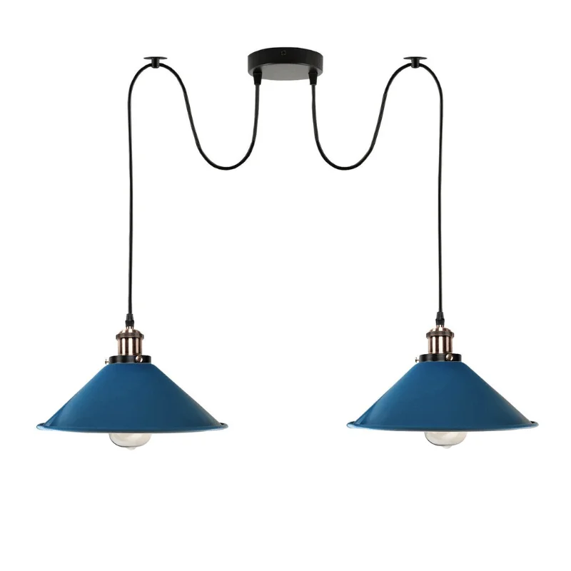 Industrial pendant lamp with two black metal shades hanging from a 2m wire, retro style ceiling light fixture