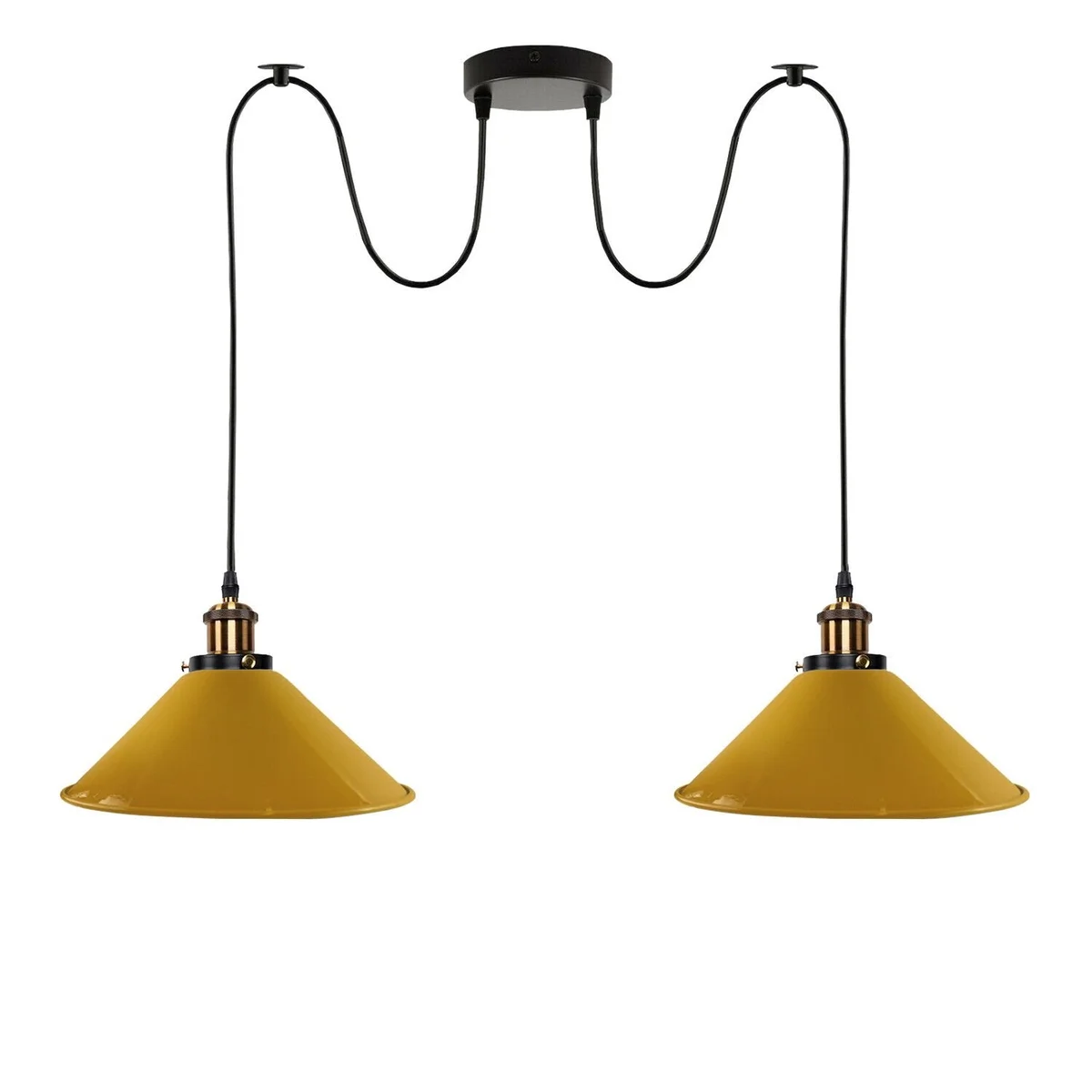 Industrial pendant lamp with two black metal shades hanging from a 2m wire, retro style for indoor use