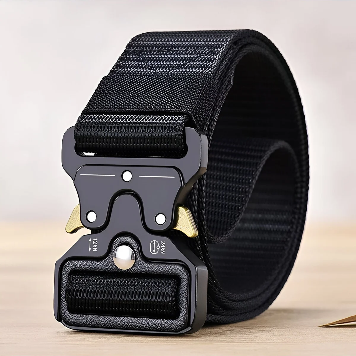Two men's fabric belts in navy blue and black with adjustable sliding buckles laid flat on a white background