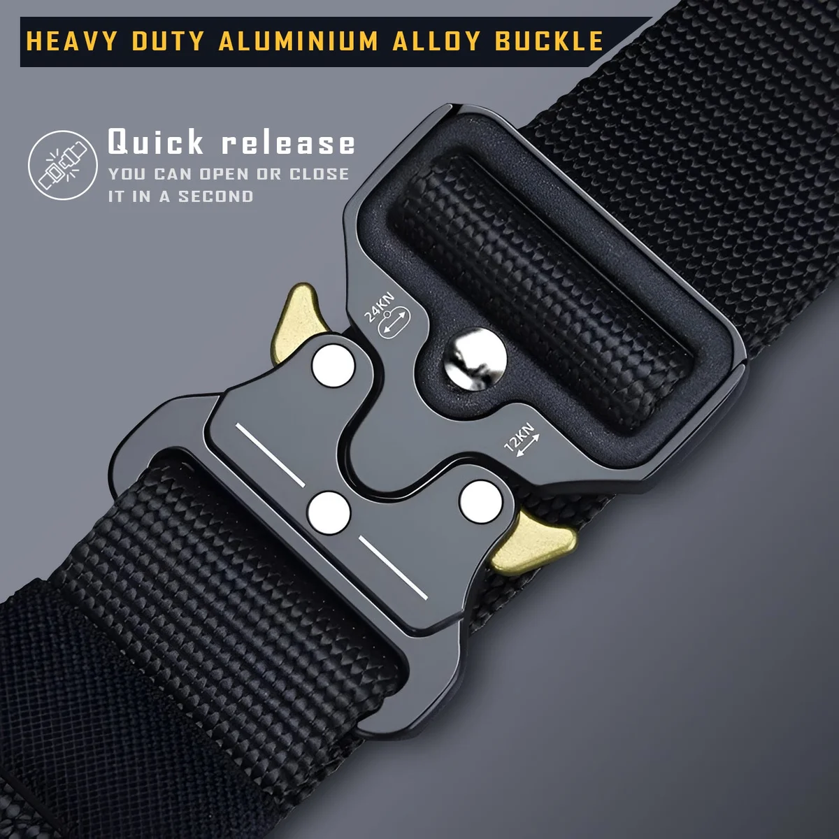 Navy blue and black adjustable buckle belts made of fabric, shown coiled on a white background for men’s dress use