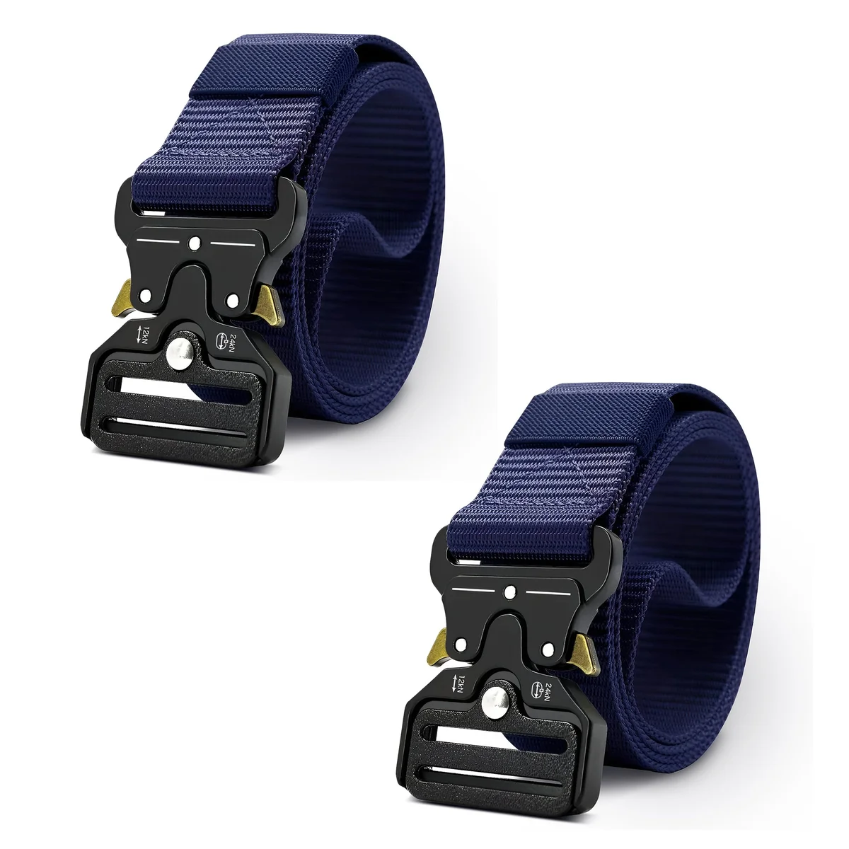 Two fabric casual men's belts in navy blue and black with adjustable sliding buckles laid flat on a white background