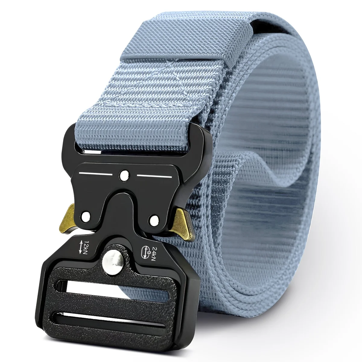 Two fabric belts for men in navy blue and black with adjustable sliding buckles laid flat on a white surface
