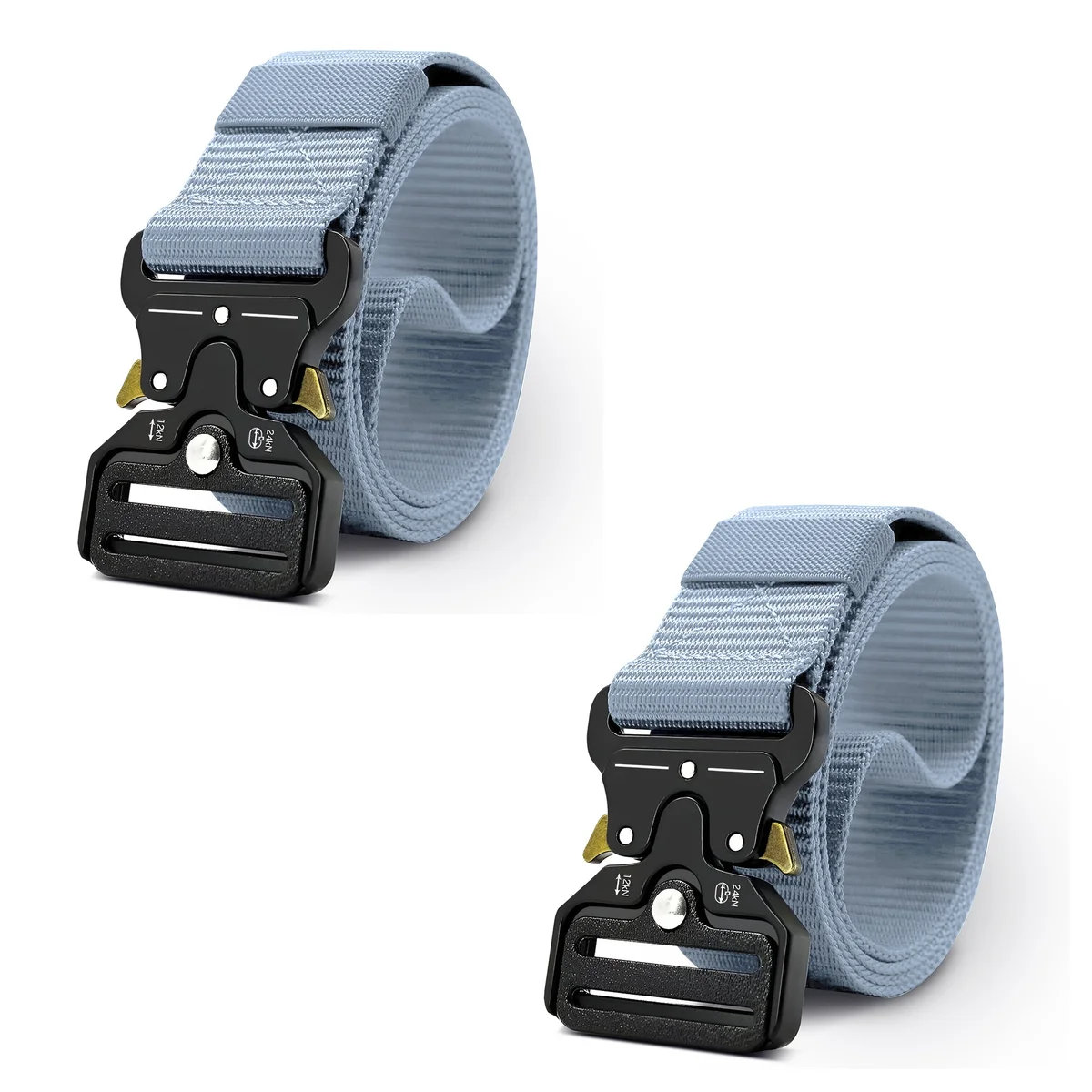 Two adjustable men's dress belts in navy blue and black fabric with automatic sliding buckles on a white background