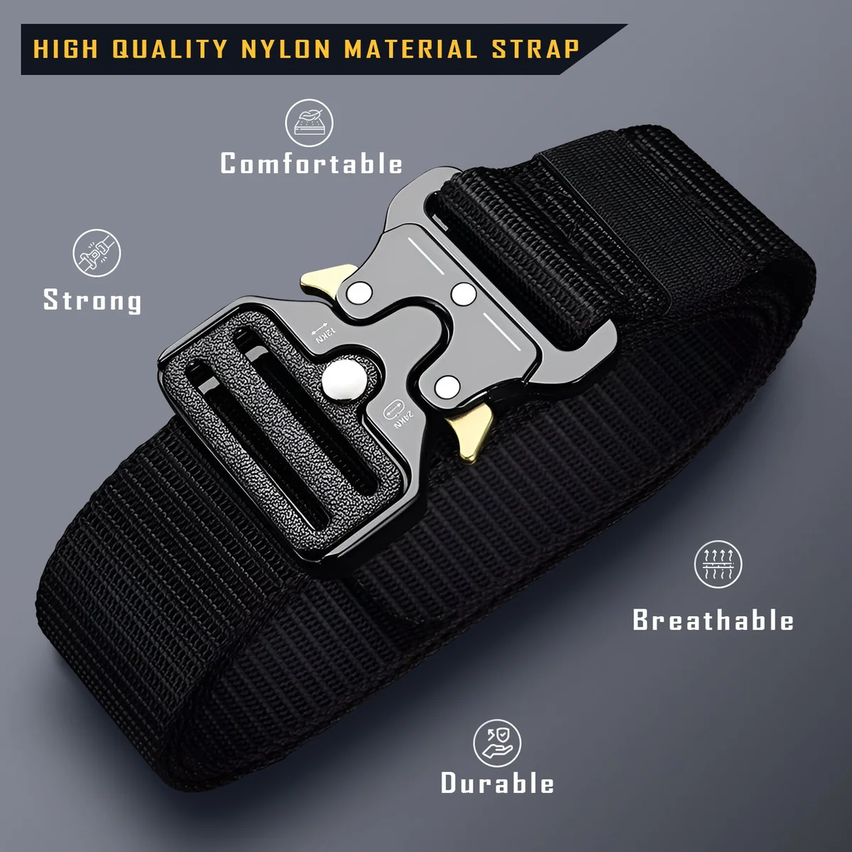 Two men's fabric belts in navy blue and grey with adjustable sliding buckles laid flat on white background