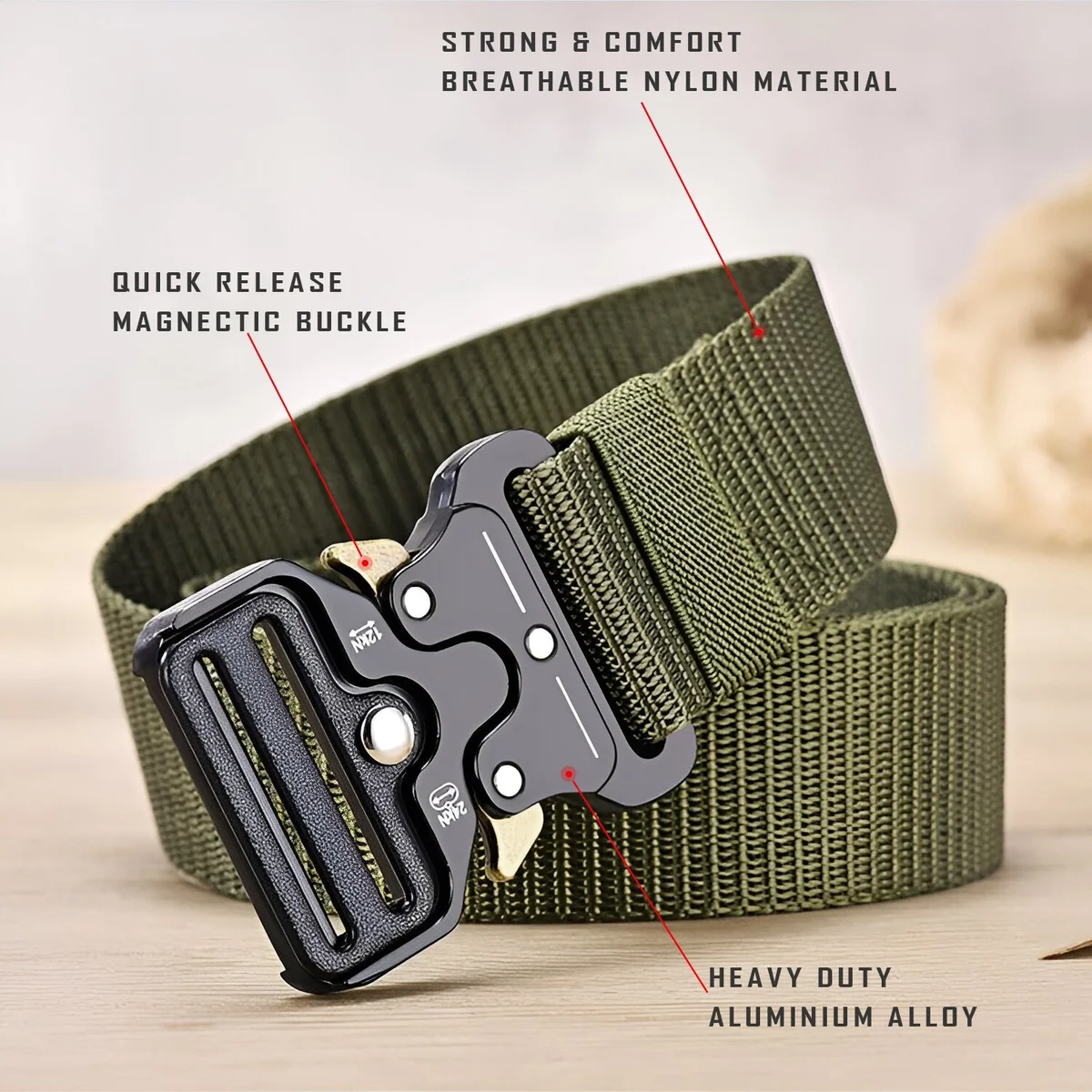 Two men's fabric belts in navy blue and black with adjustable sliding buckles laid flat on white background