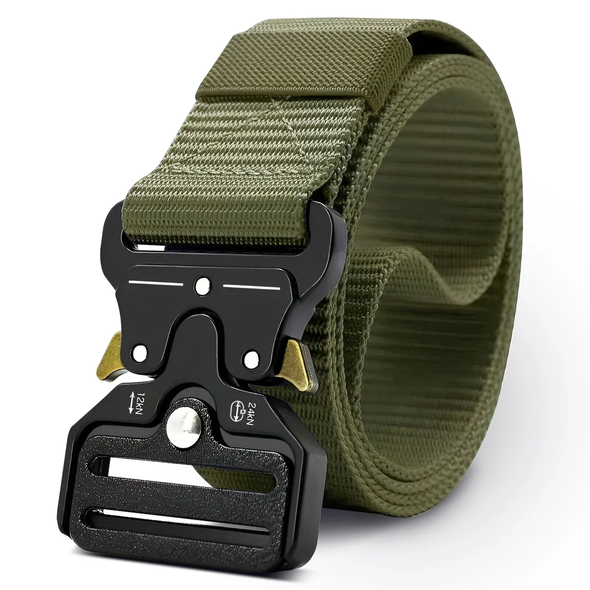 Two men's fabric belts in navy blue and black with adjustable sliding buckles laid flat on a white background