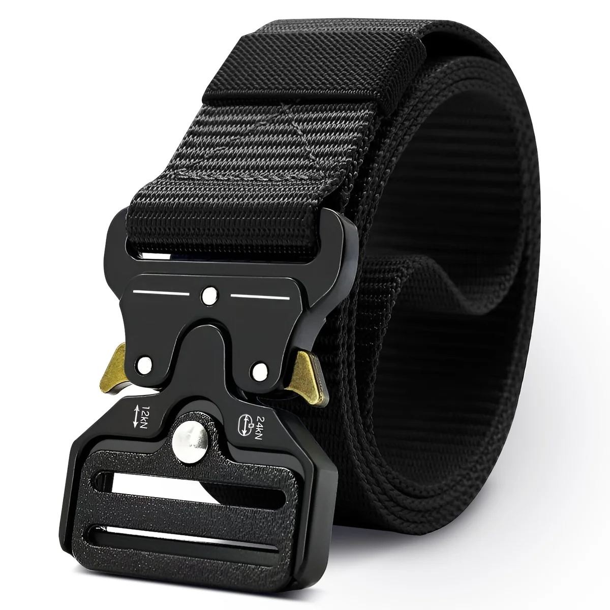 Two men's fabric belts in navy blue and black with adjustable sliding buckles laid flat on a white background