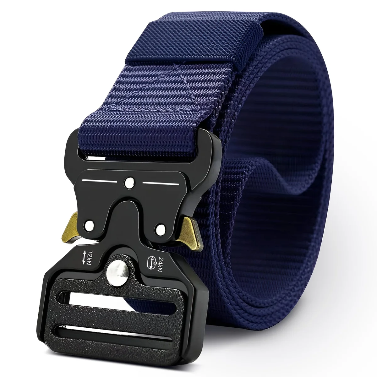 Two men's fabric belts in navy blue and black with adjustable sliding buckles laid flat on white background
