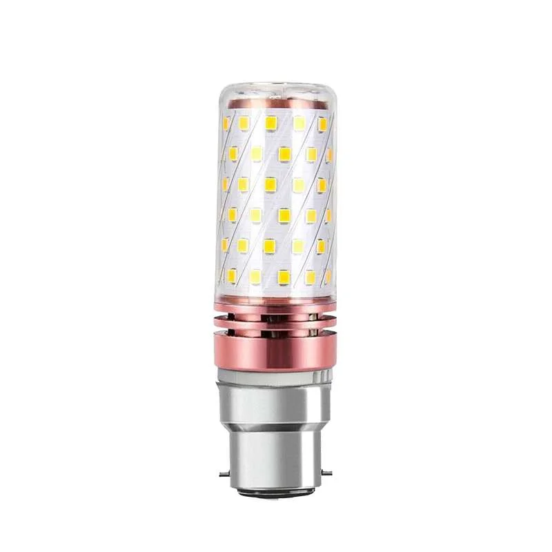 B22 LED corn bulb with aluminum alloy body and transparent shell showing LED chips and bayonet base.