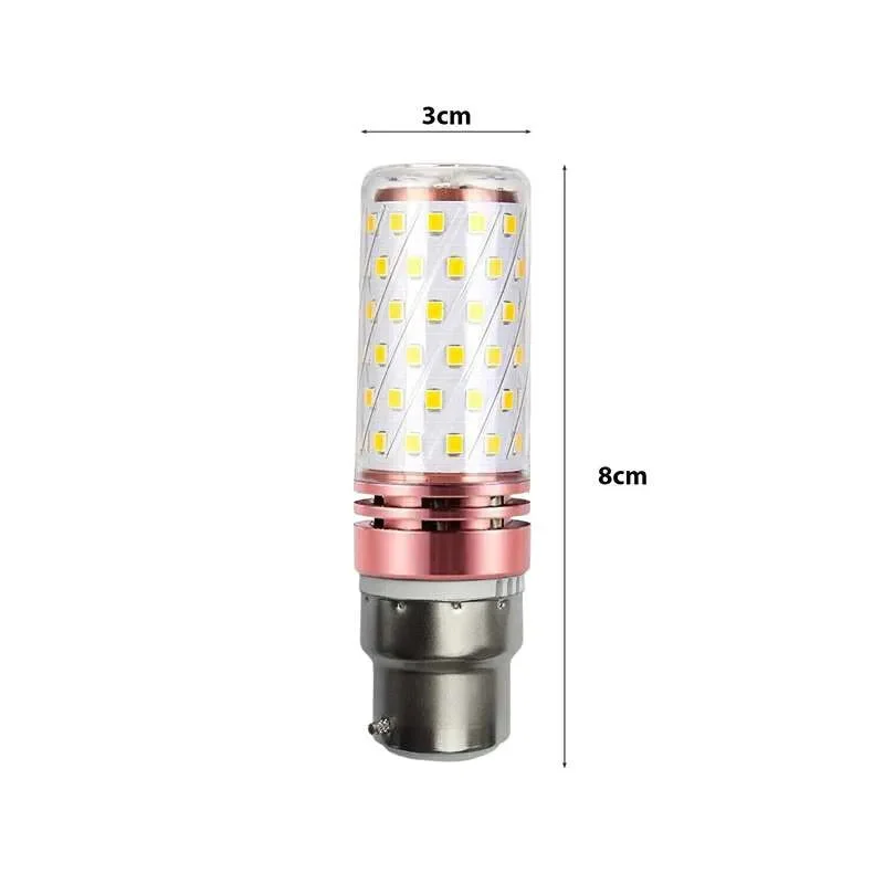 B22 bayonet 12W LED corn bulb showing aluminium alloy body for durable indoor LED lighting with 3 colour options