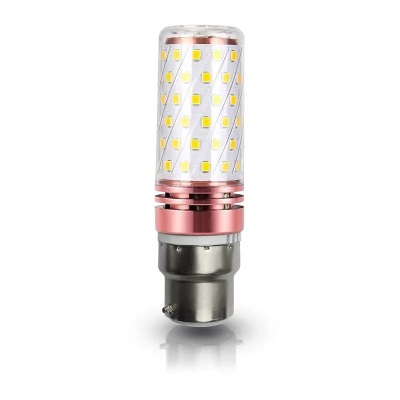 B22 LED corn bulb with aluminum alloy body and transparent shell showing LED chips and heat dissipation holes