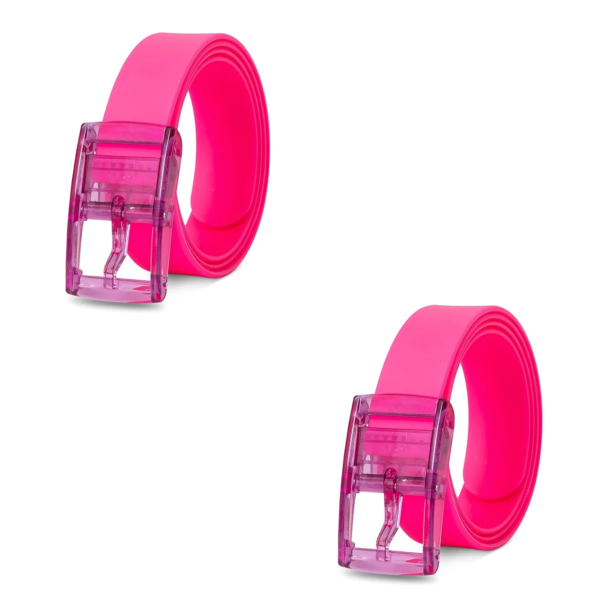 Two candy color silicone women and men belts with pin buckles displayed on a white background