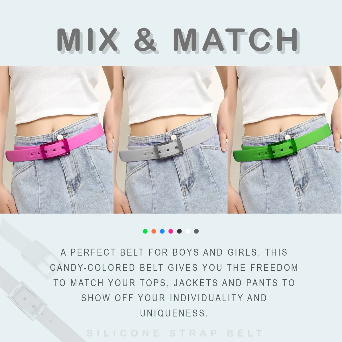Candy color silicone pin buckle belt for men and women, adjustable strap with lightweight acrylic buckle shown flat