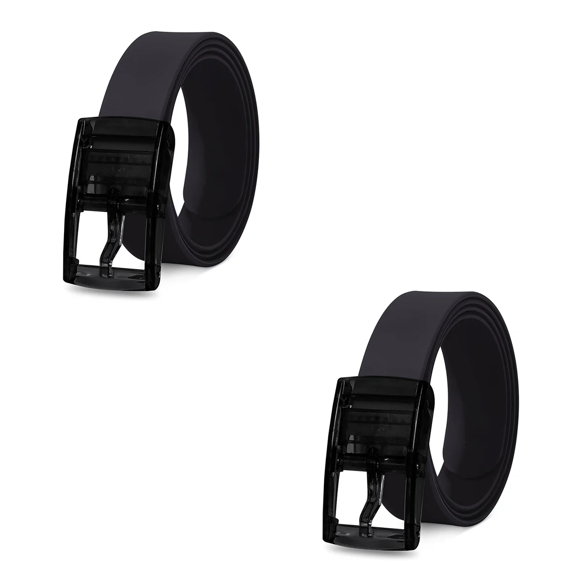 Two silicone candy colour belts with pin buckles, one pink and one blue, displayed flat on a white background
