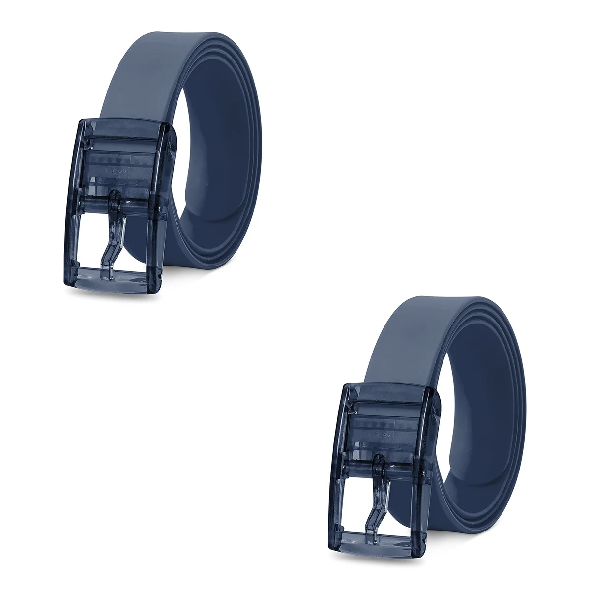 Two silicone candy colour belts with pin buckles in pastel shades, displayed side by side on a white background