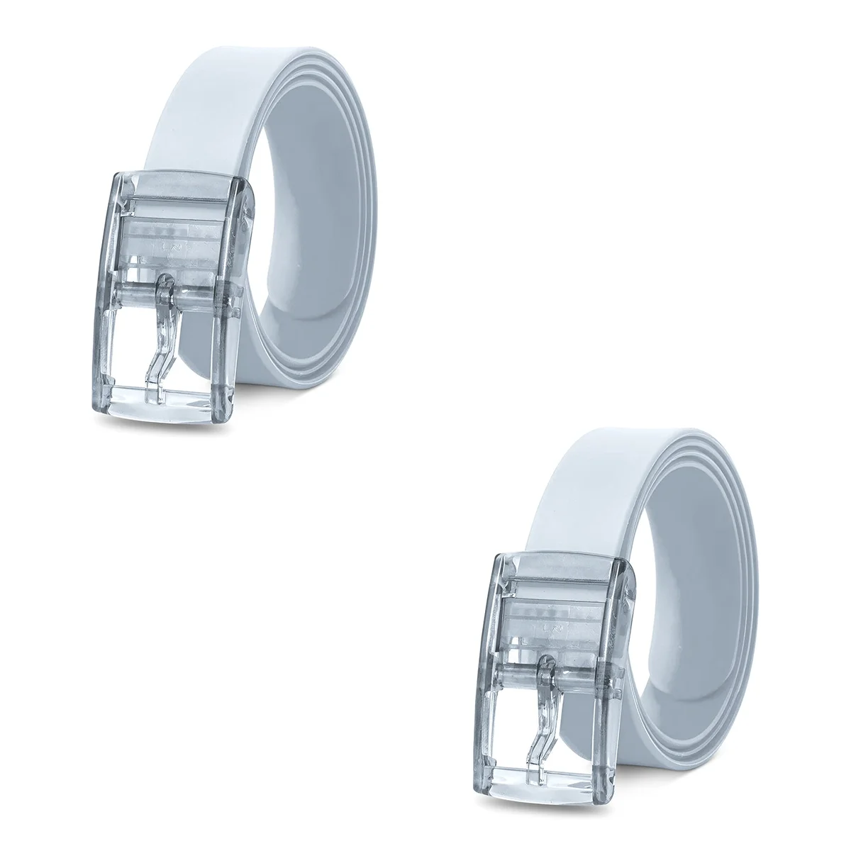 Two silicone candy colour belts in bright pastel shades with lightweight acrylic pin buckles displayed flat