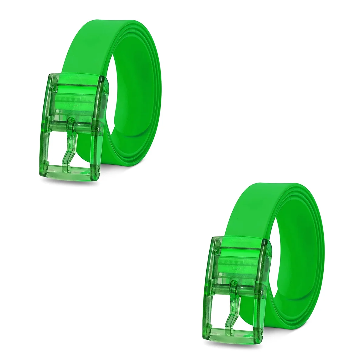 Two silicone candy colour belts in pink and blue with lightweight acrylic pin buckles displayed on white background