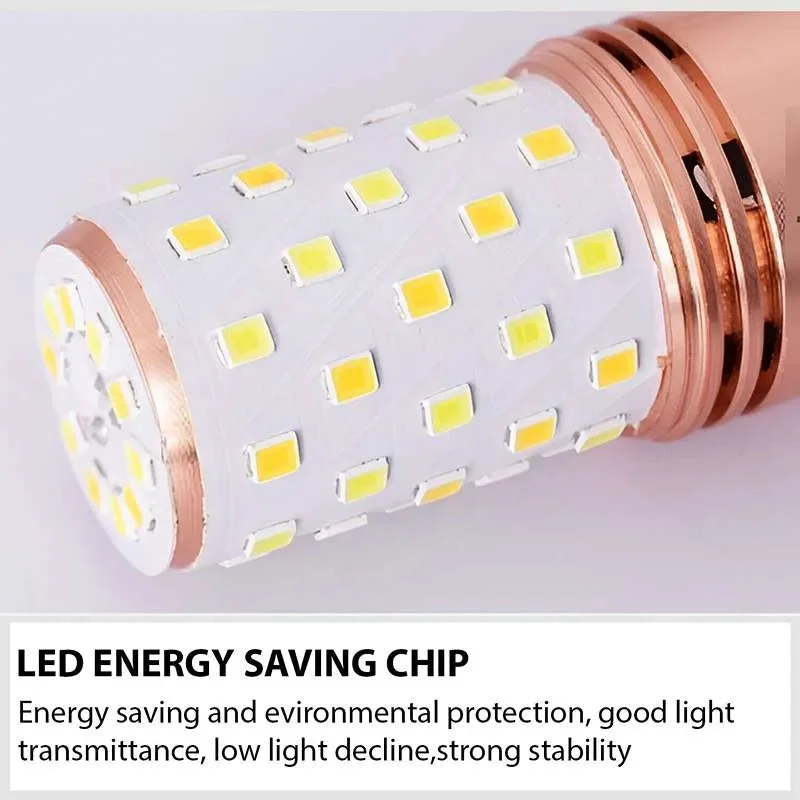 Modern white corn-shaped LED bulb with transparent shell, aluminum alloy body, showing cool white LED lights, E27 screw base.