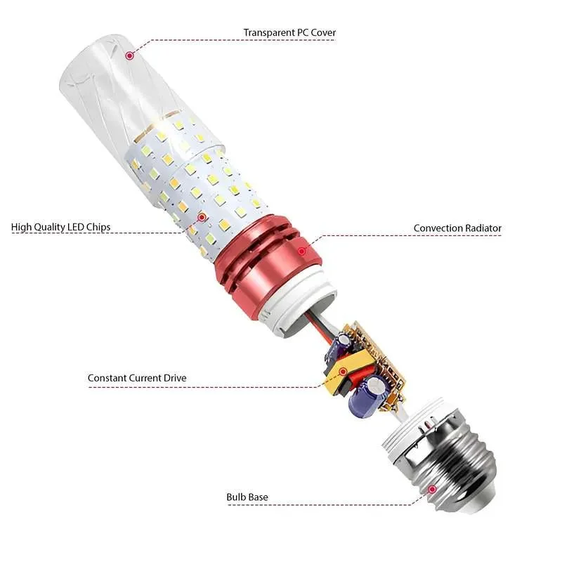 Warm white LED corn-shaped 12W bulb with aluminium alloy and PC body, transparent shell.