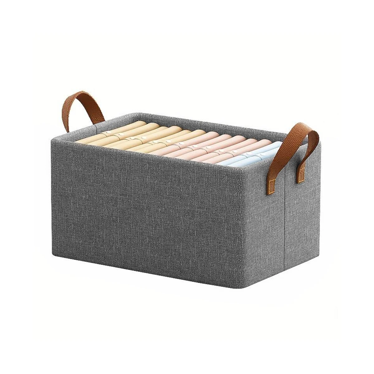Grey foldable fabric storage box with handle, rectangular shape, used for organizing clothes and toys, set of two