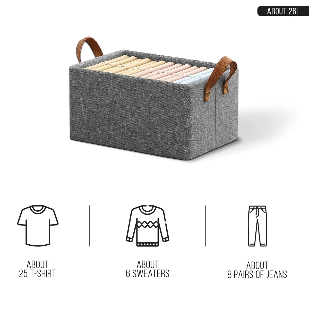 Grey foldable storage bag with handle, rectangular fabric organizer for clothes and toys, set of two, modern style