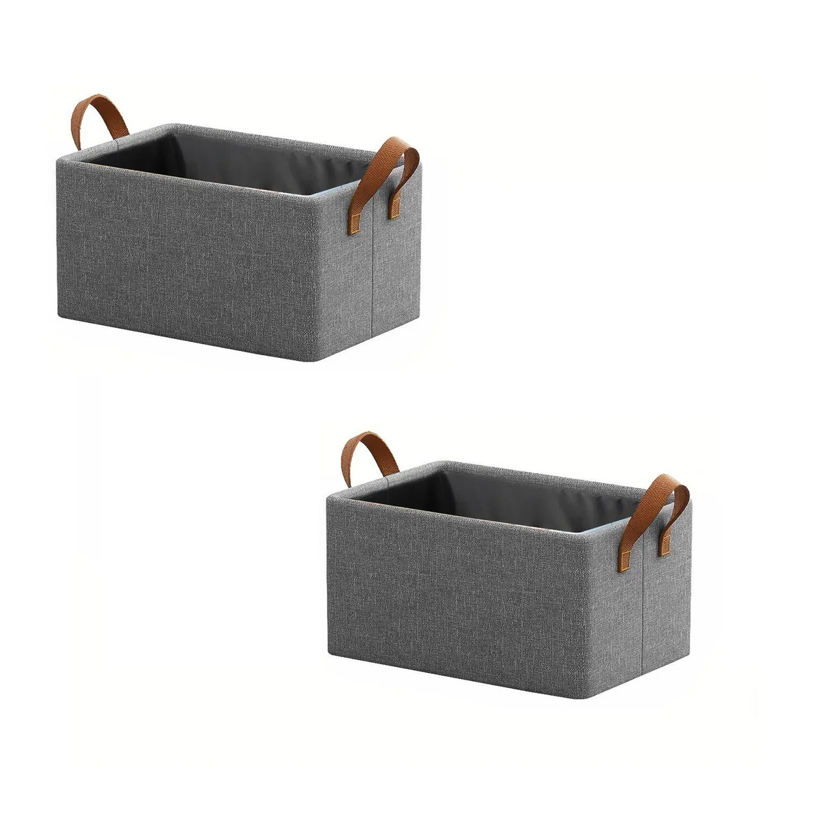 Grey fabric foldable clothes storage box with handle, rectangular shape, shown standing upright on white background