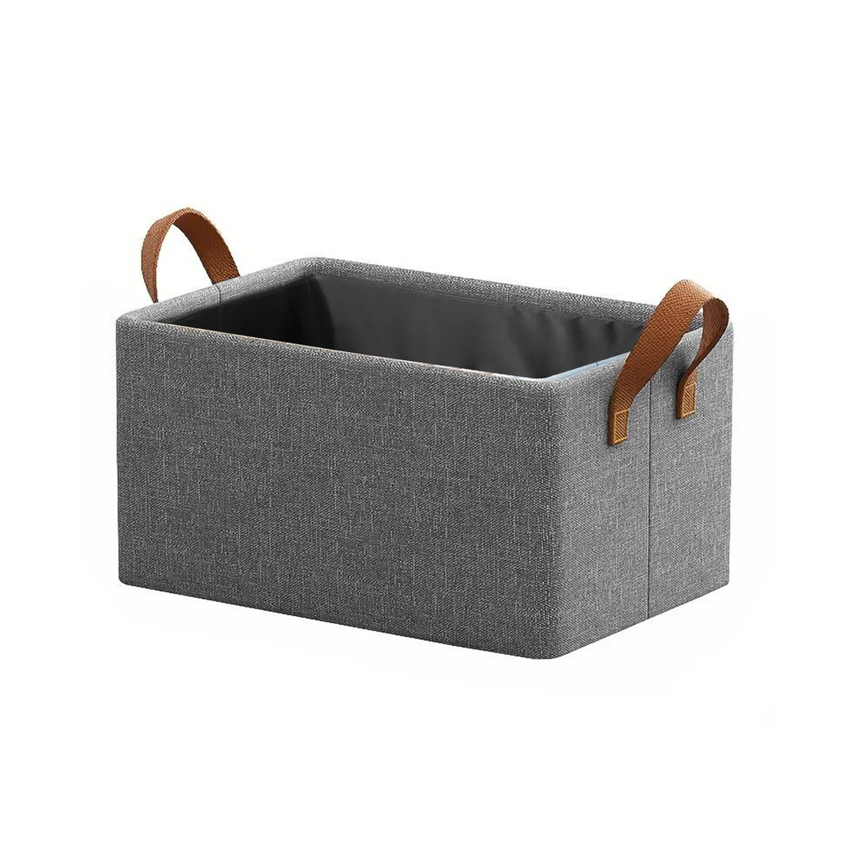 Grey portable fabric organizer with handle, foldable design, rectangular shape, ideal for clothes and toys storage