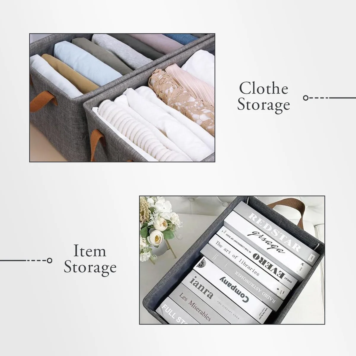 Grey foldable fabric storage container with handle, shown open with clothes inside, washable storage container for home use